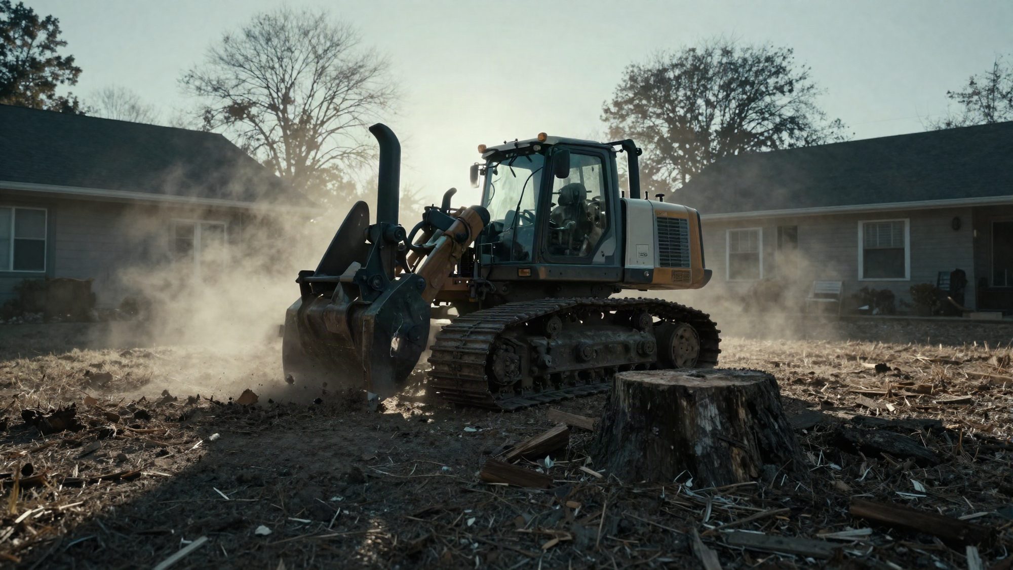 A tracked stump grinder cutting into a large hardwood stump, wood chips flying