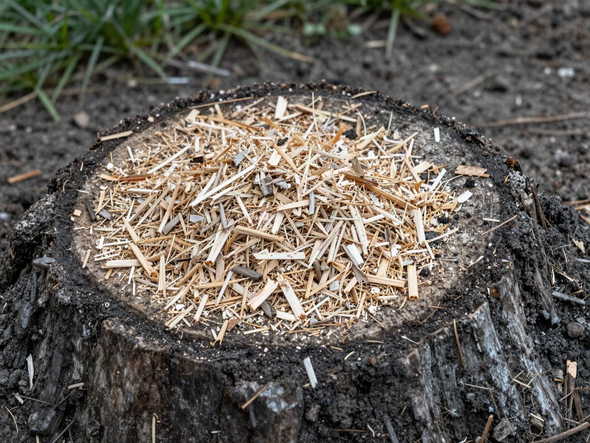 A tree stump ground flush with the lawn, leaving clean wood mulch