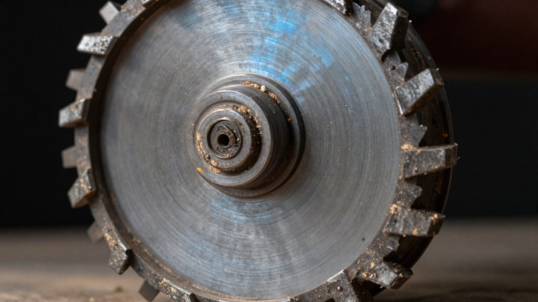 Close view of a stump grinder cutting wheel and its carbide teeth